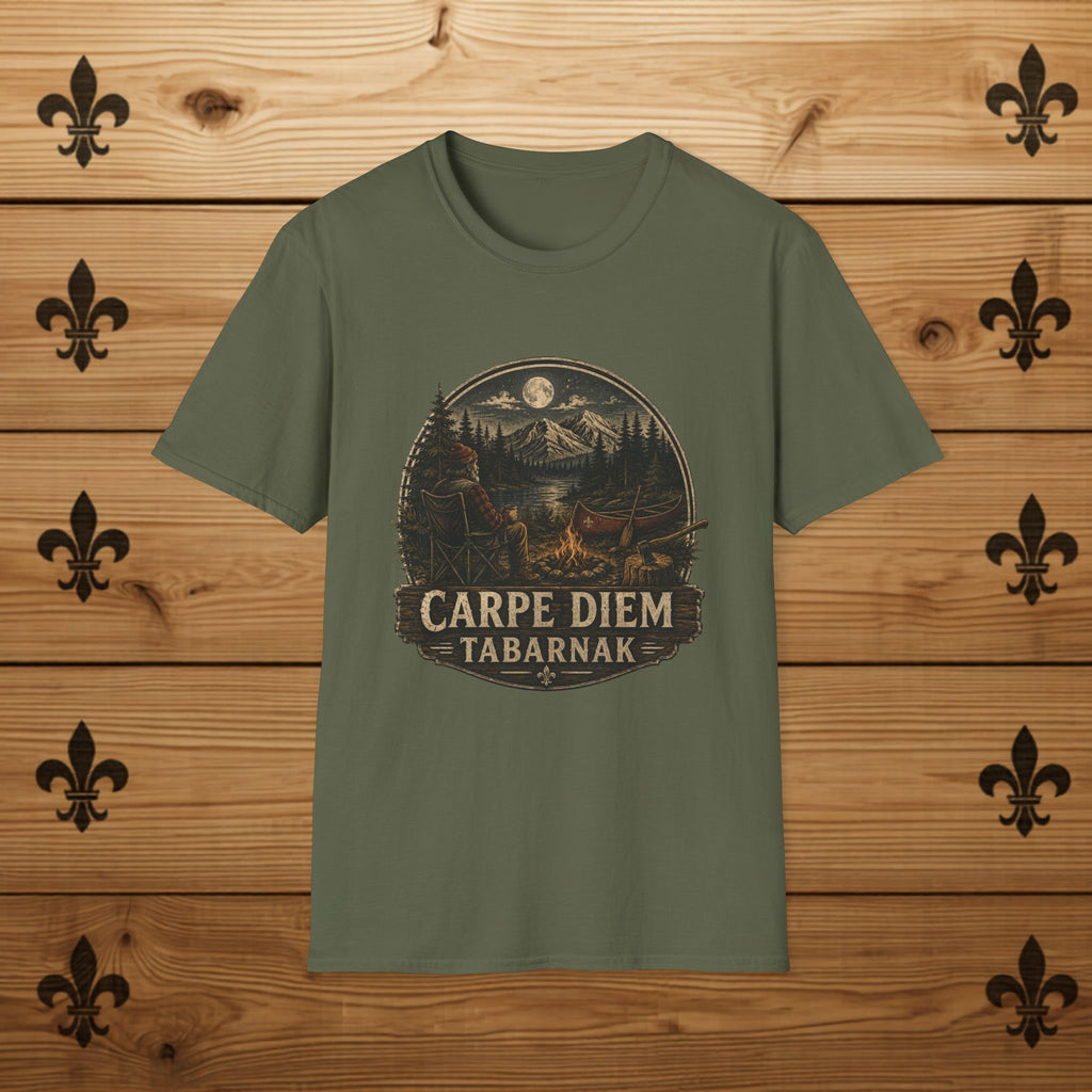 Carpe Diem Tabarnak Campfire Landscape T-Shirt Mountain Moon Forest Quebec Shirt