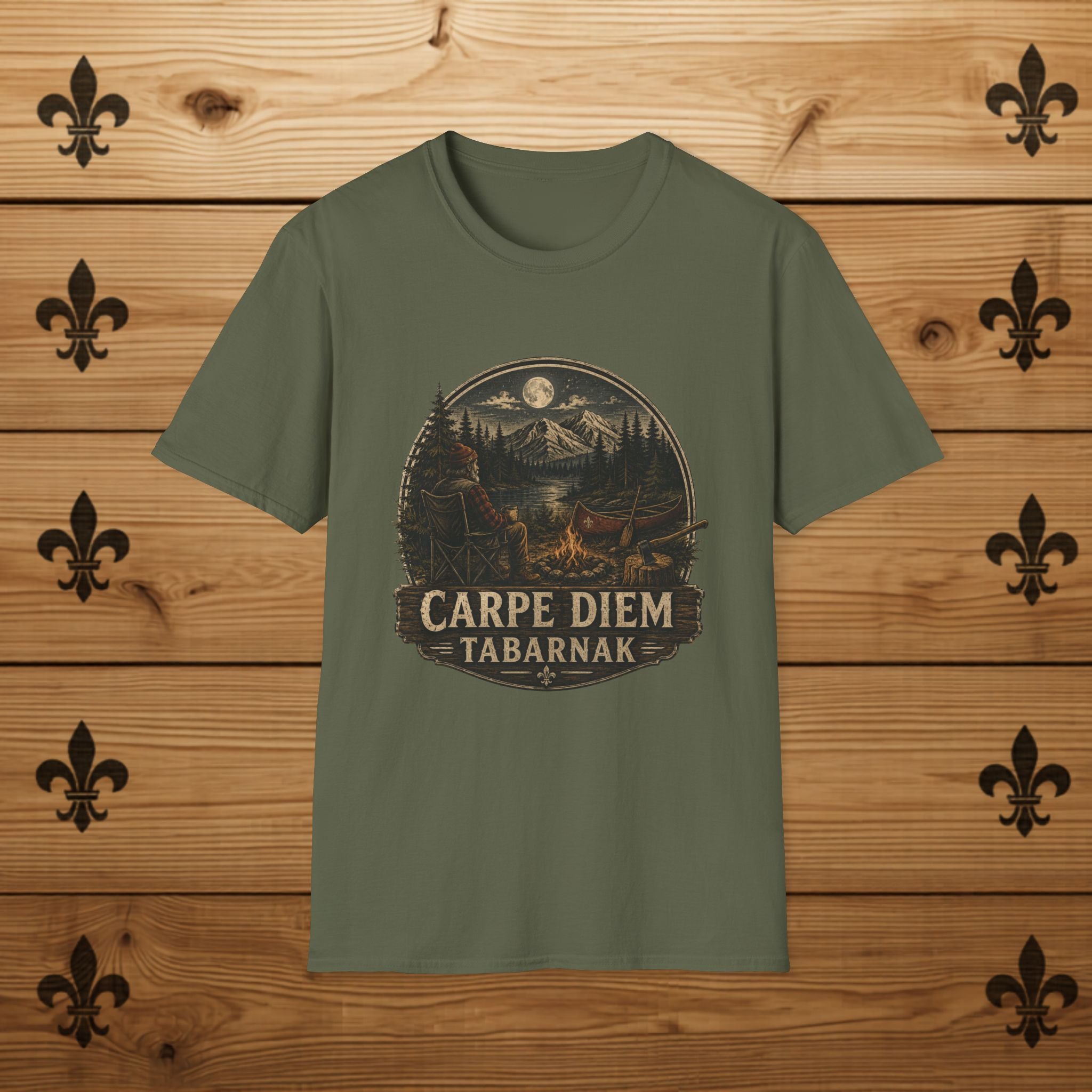 Carpe Diem Tabarnak Campfire Landscape T-Shirt Mountain Moon Forest Quebec Shirt