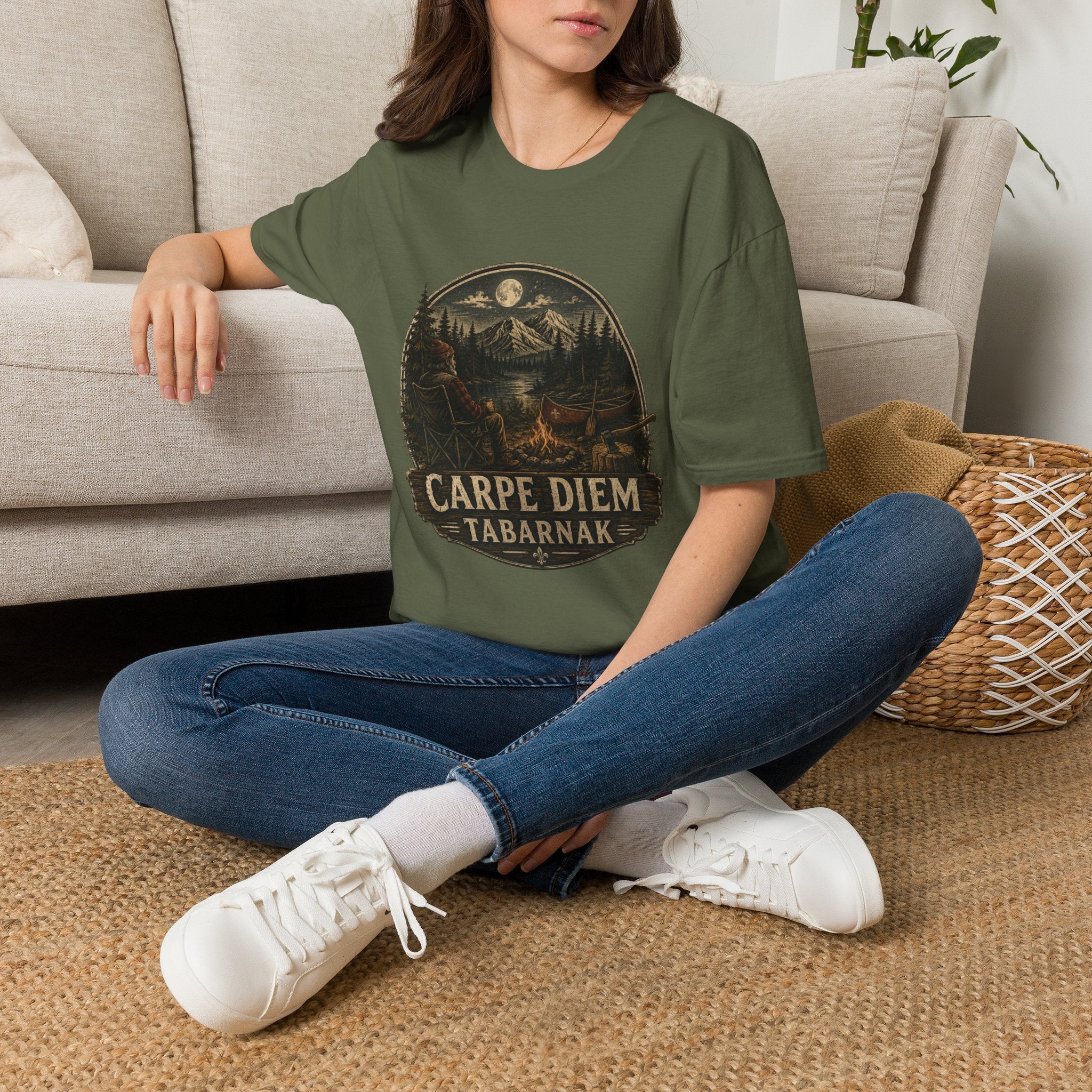 Carpe Diem Tabarnak Campfire Landscape T-Shirt Mountain Moon Forest Quebec Shirt