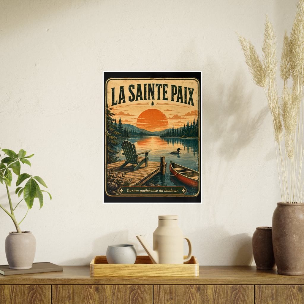 La Sainte Paix Lake Sunset Poster Canoe Adirondack Chair Vintage Travel Print