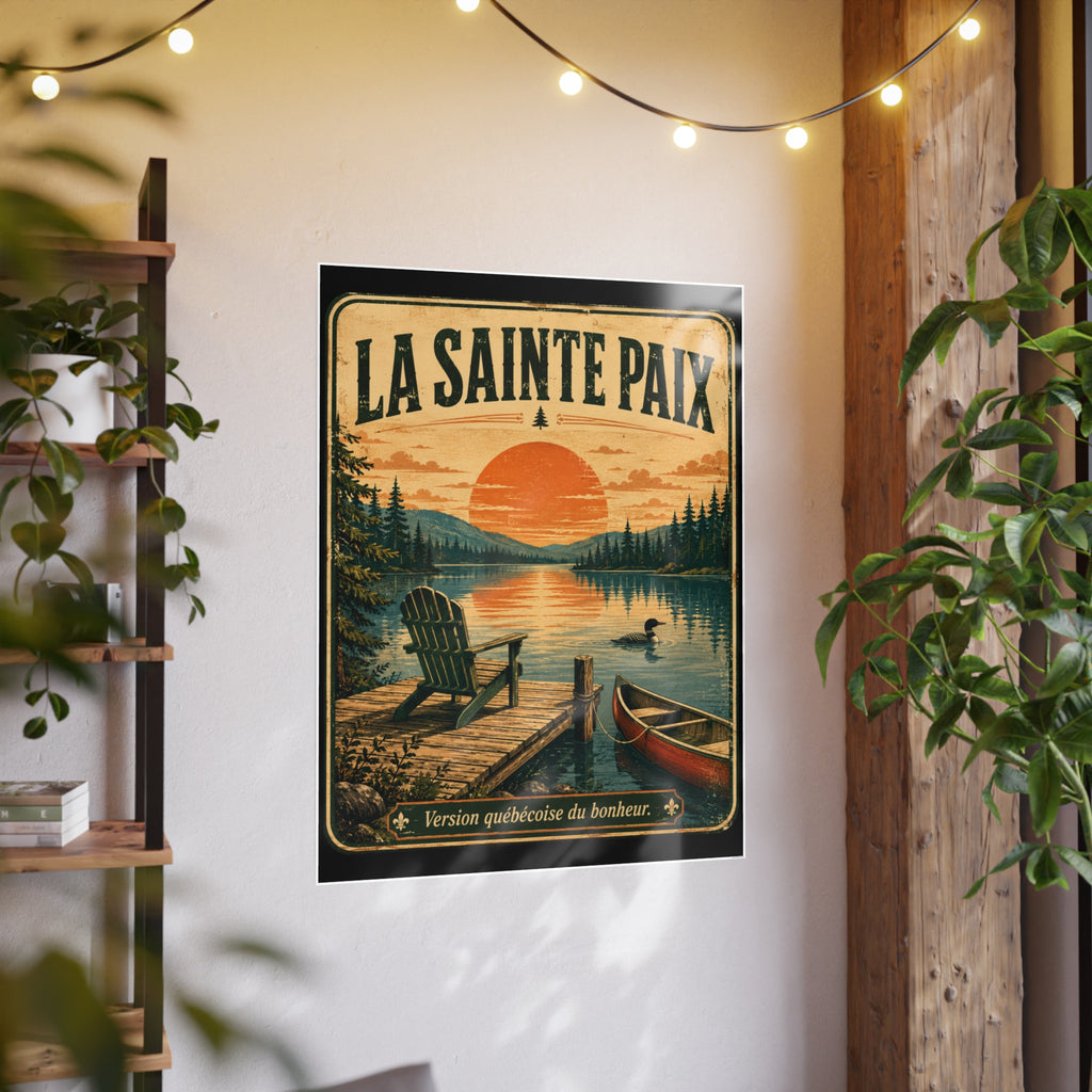 La Sainte Paix Lake Sunset Poster Canoe Adirondack Chair Vintage Travel Print