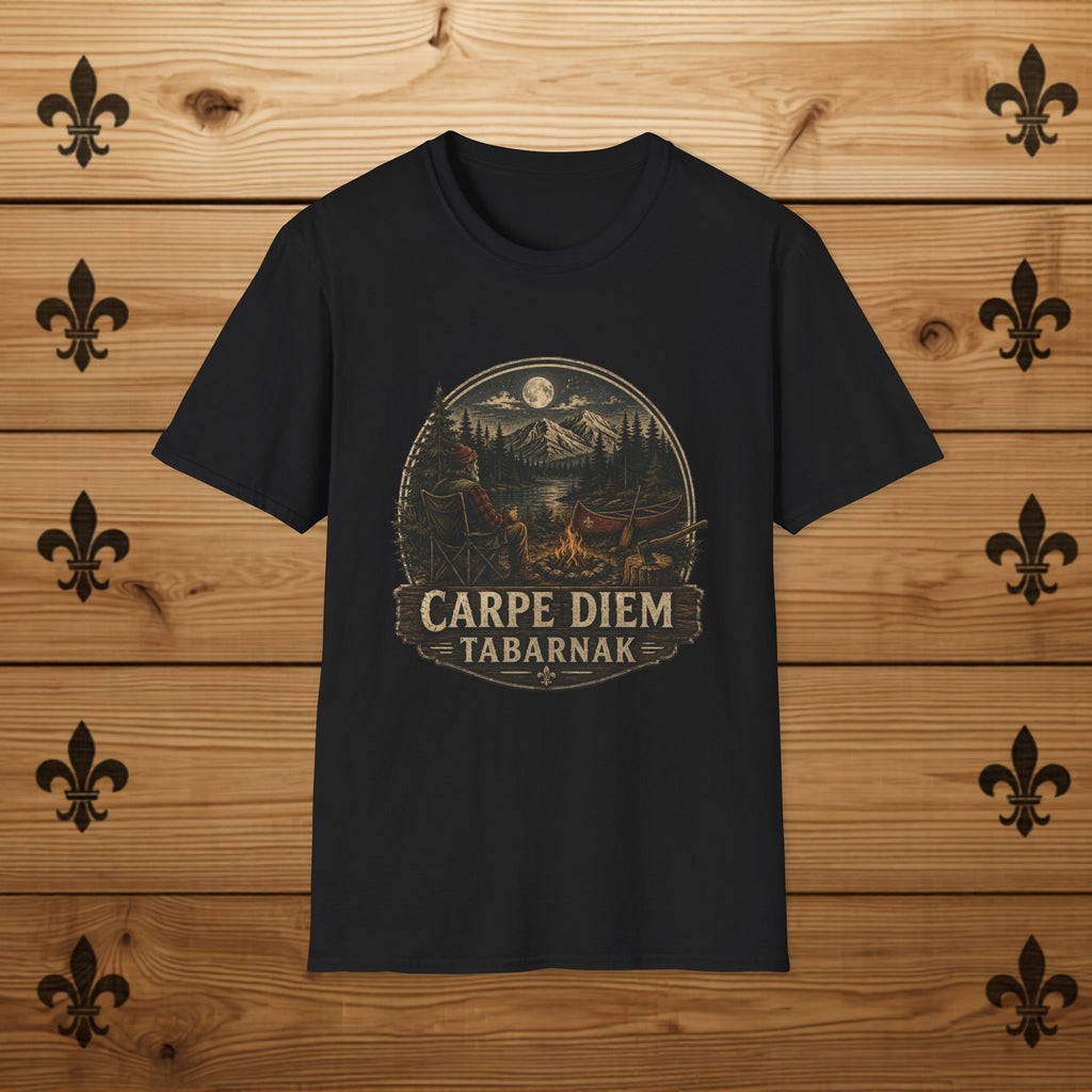 Carpe Diem Tabarnak Campfire Landscape T-Shirt Mountain Moon Forest Quebec Shirt