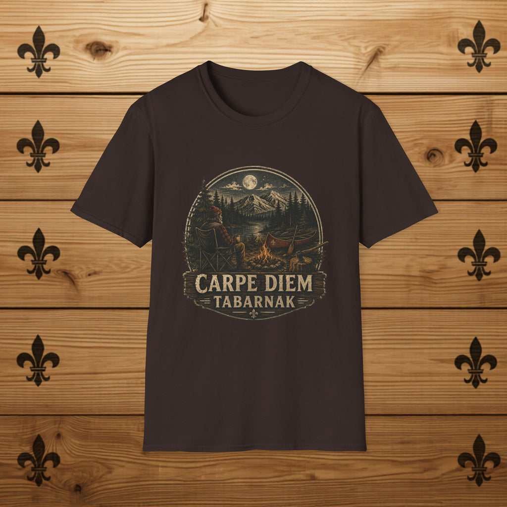 Carpe Diem Tabarnak Campfire Landscape T-Shirt Mountain Moon Forest Quebec Shirt