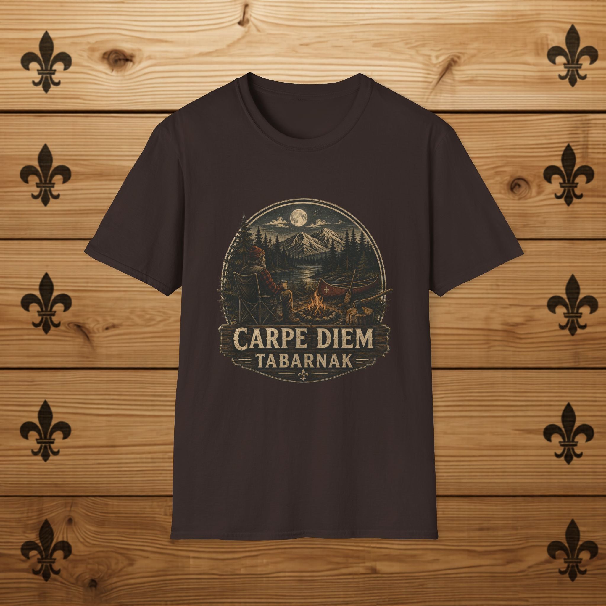 Carpe Diem Tabarnak Campfire Landscape T-Shirt Mountain Moon Forest Quebec Shirt