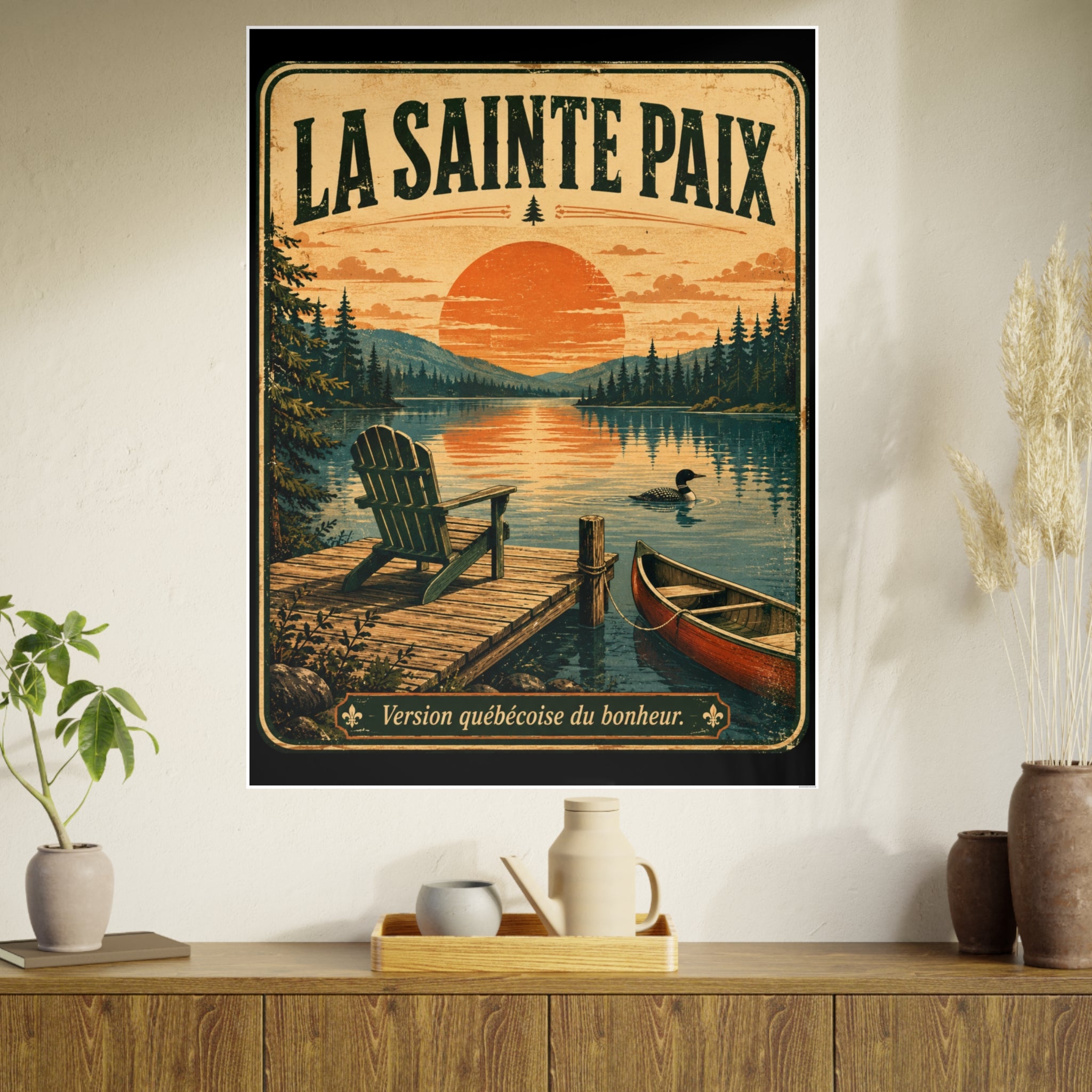 La Sainte Paix Lake Sunset Poster Canoe Adirondack Chair Vintage Travel Print
