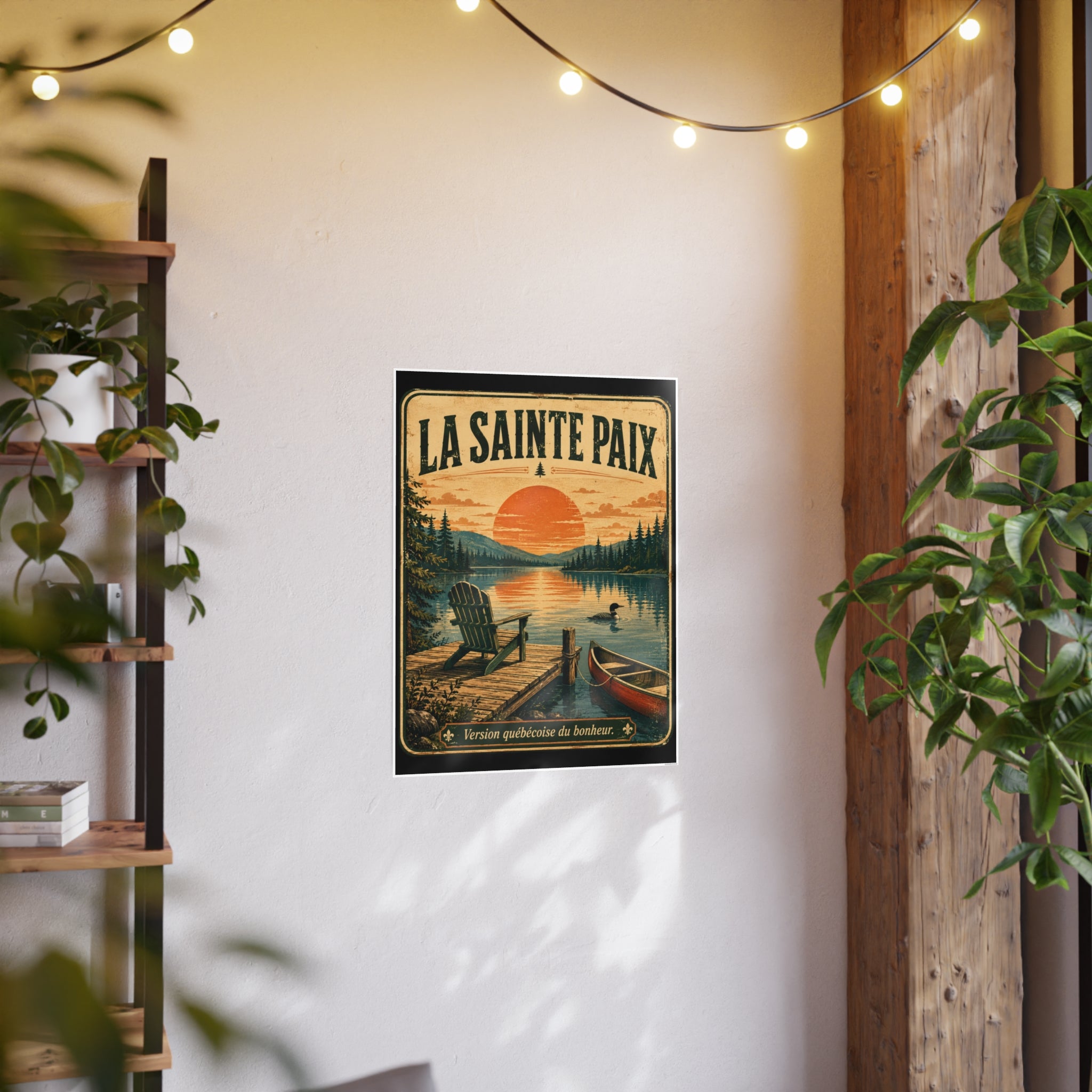 La Sainte Paix Lake Sunset Poster Canoe Adirondack Chair Vintage Travel Print