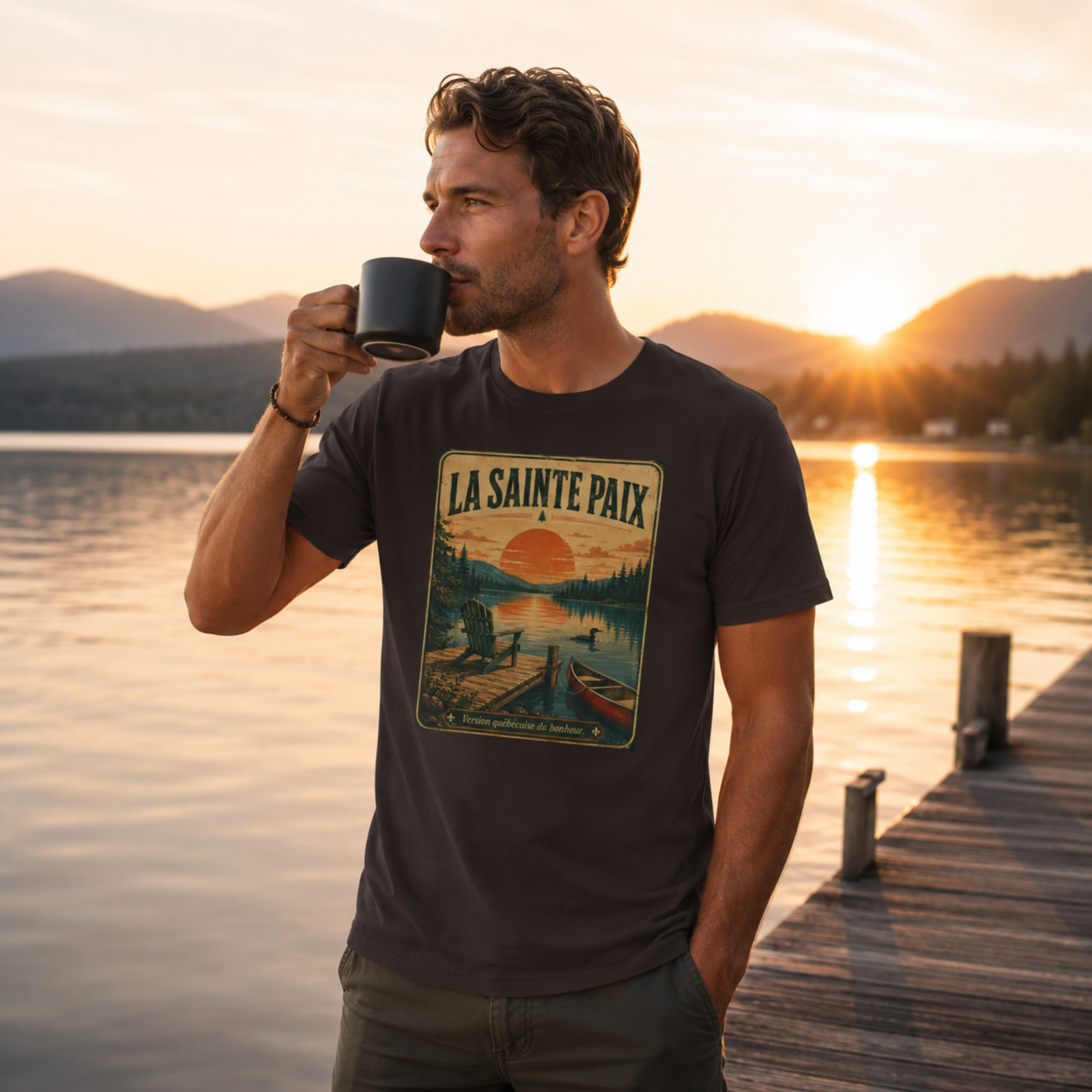 La Sainte Paix Sunset Lake T-Shirt | Vintage Nature Scene