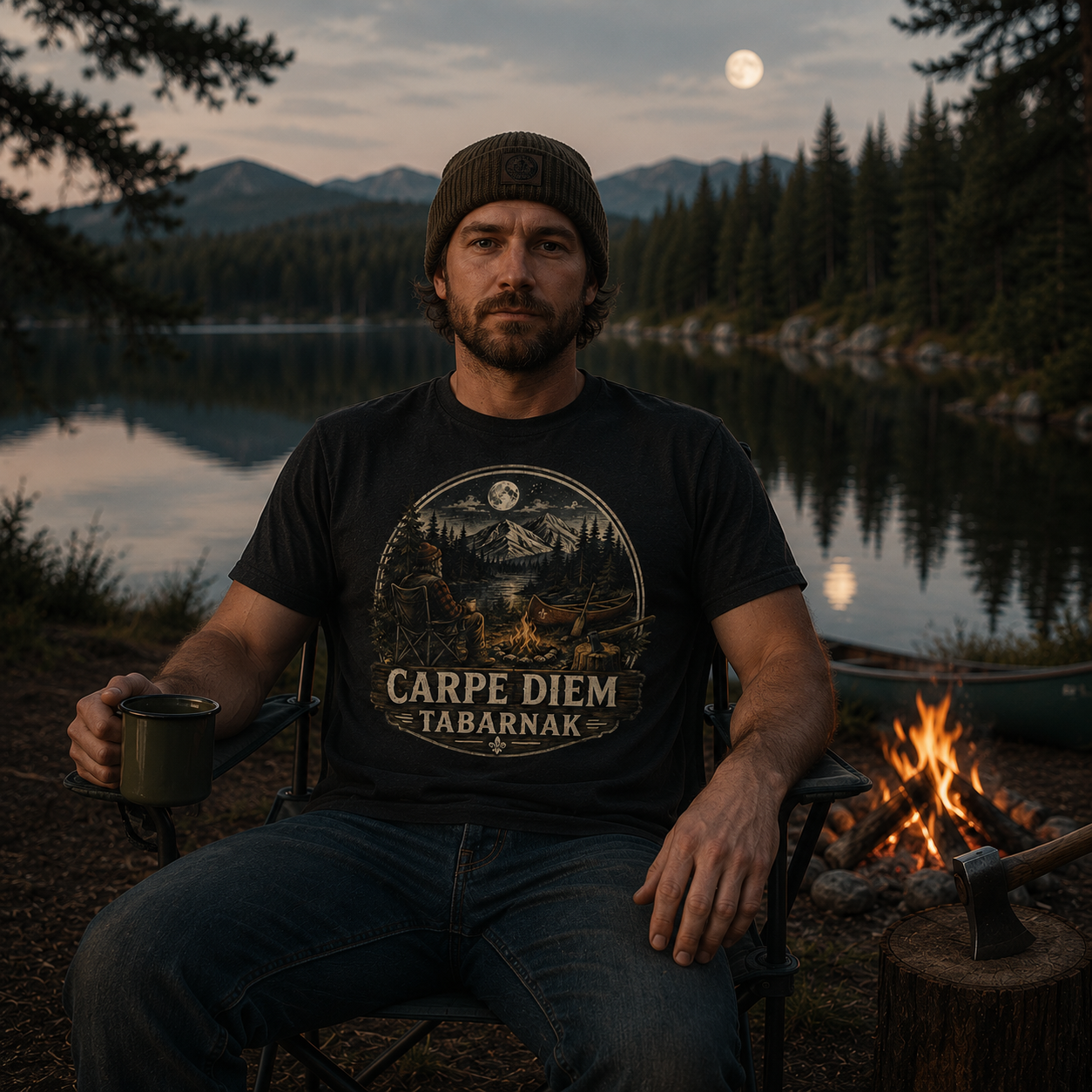Carpe Diem Tabarnak Campfire Landscape T-Shirt Mountain Moon Forest Quebec Shirt