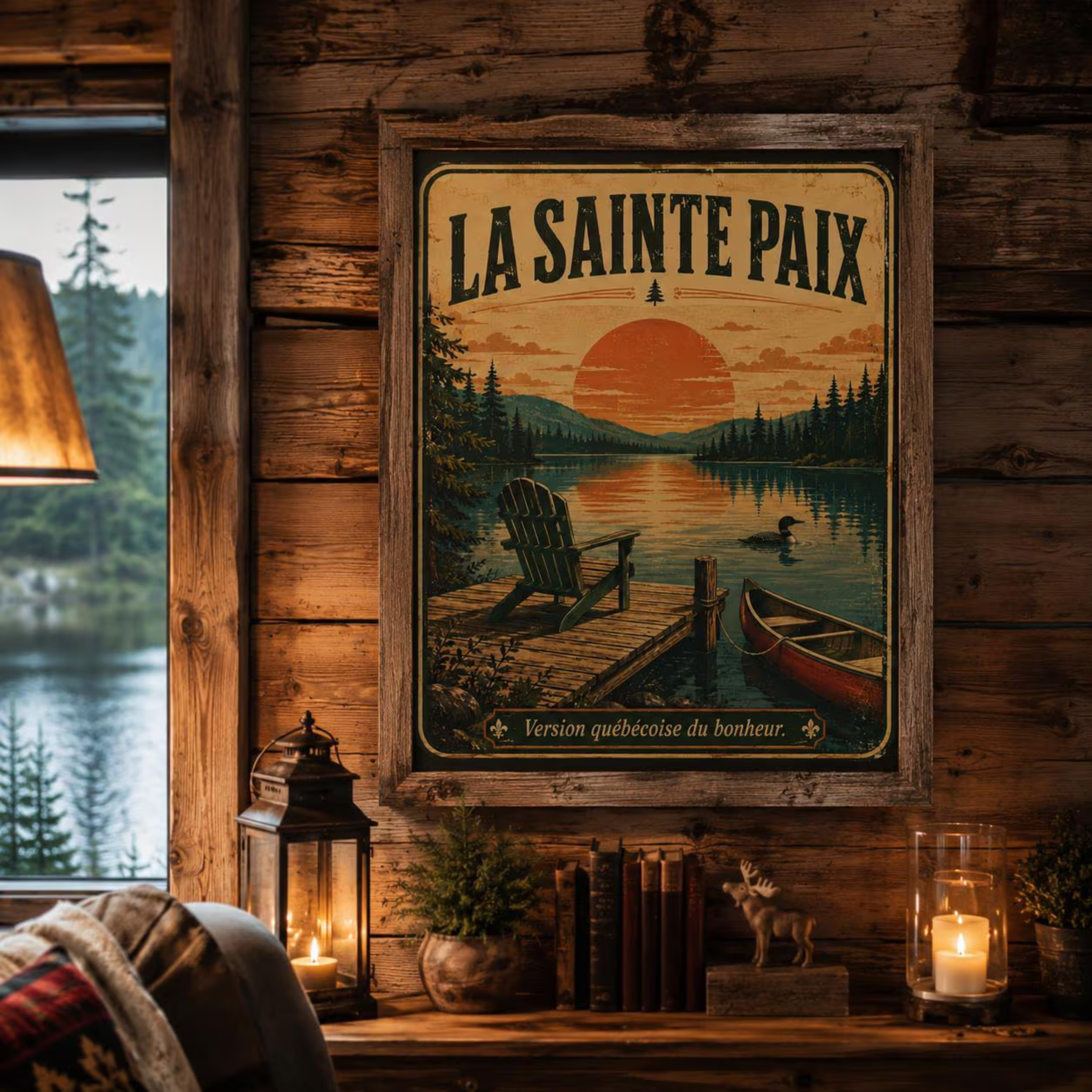 La Sainte Paix Lake Sunset Poster Canoe Adirondack Chair Vintage Travel Print