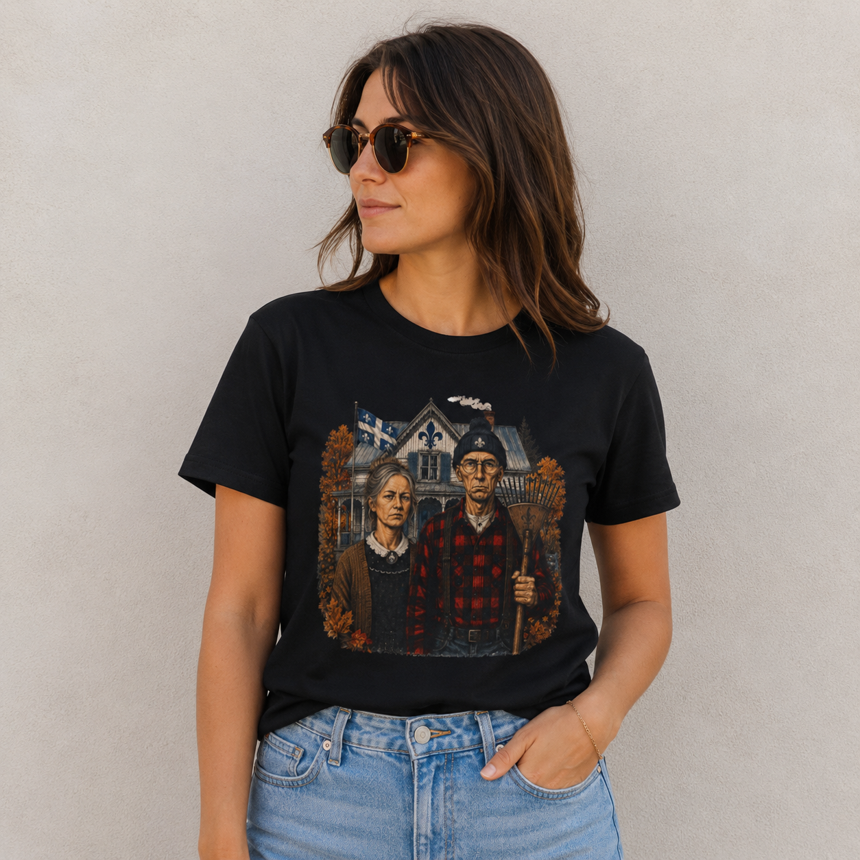 T-Shirt Couple Ferme Hantée Chandail Gothique Québécois Illustration Rustique Americana Couple Halloween