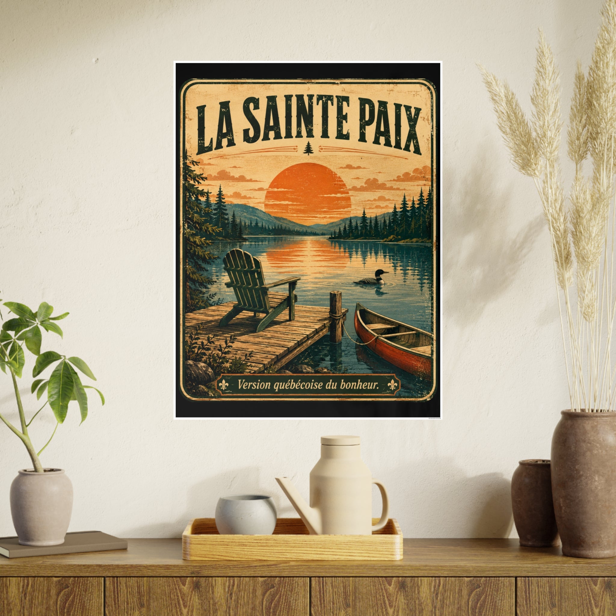 La Sainte Paix Lake Sunset Poster Canoe Adirondack Chair Vintage Travel Print