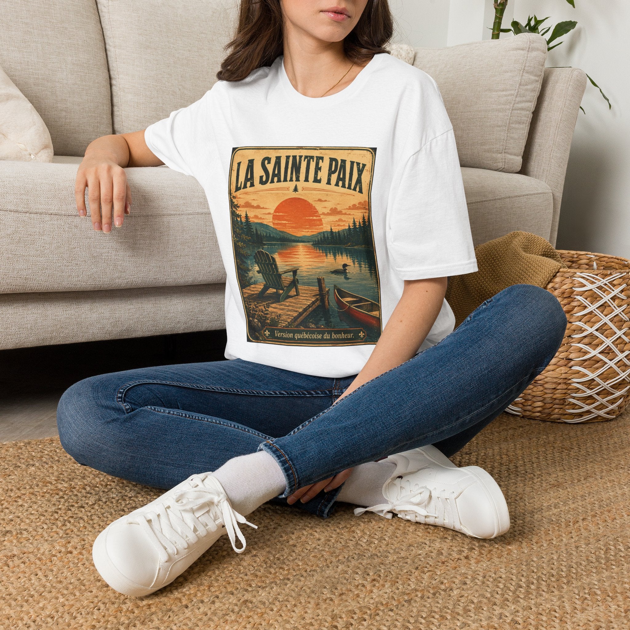 La Sainte Paix Sunset Lake T-Shirt | Vintage Nature Scene