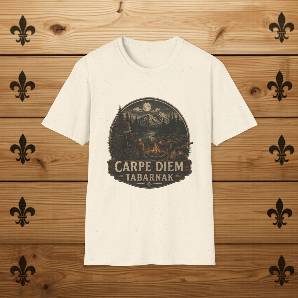 Carpe Diem Tabarnak Campfire Landscape T-Shirt Mountain Moon Forest Quebec Shirt