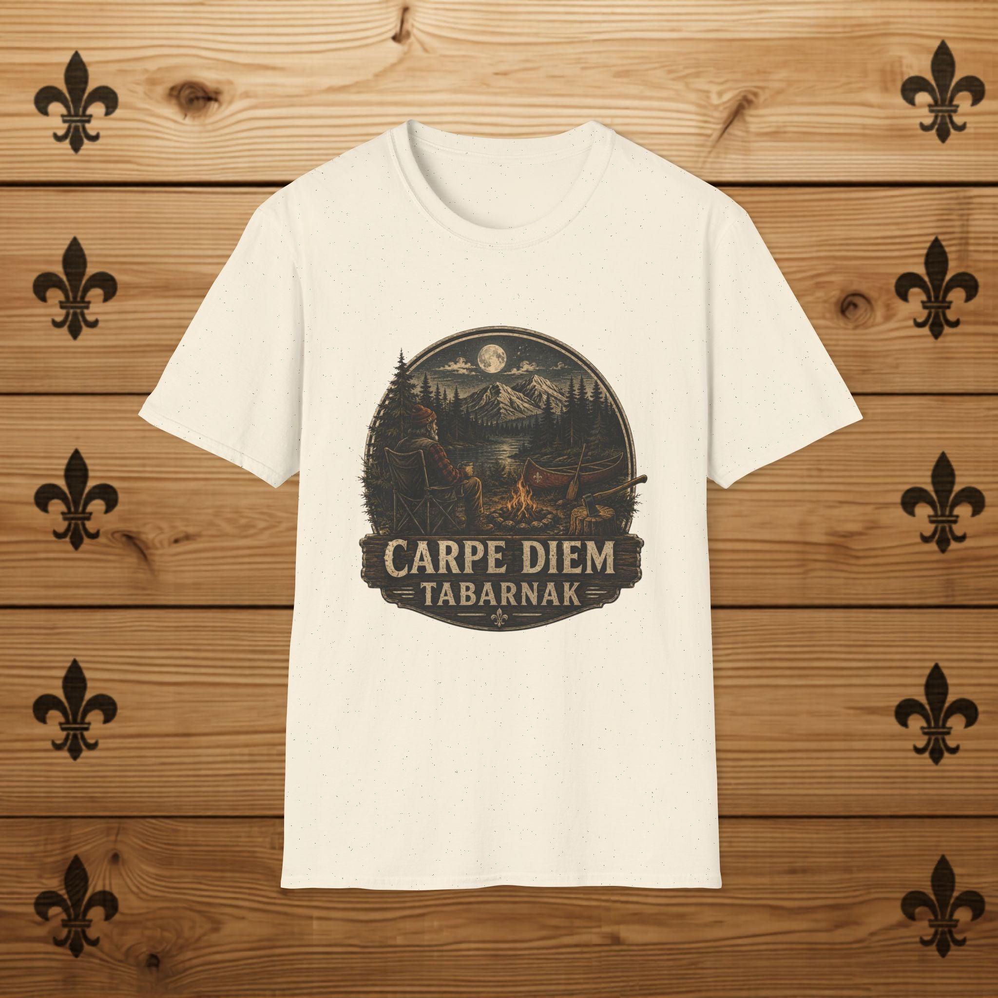 Carpe Diem Tabarnak Campfire Landscape T-Shirt Mountain Moon Forest Quebec Shirt