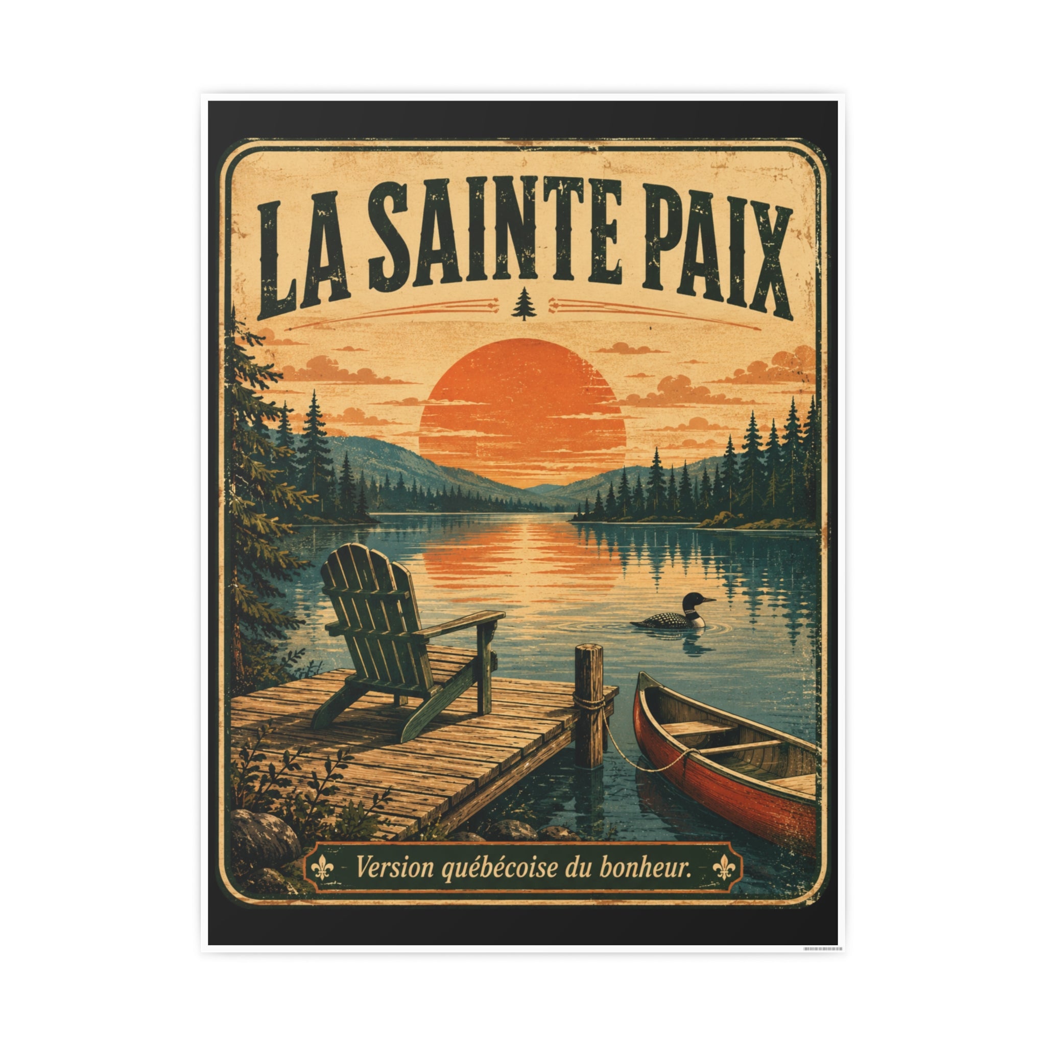 La Sainte Paix Lake Sunset Poster Canoe Adirondack Chair Vintage Travel Print