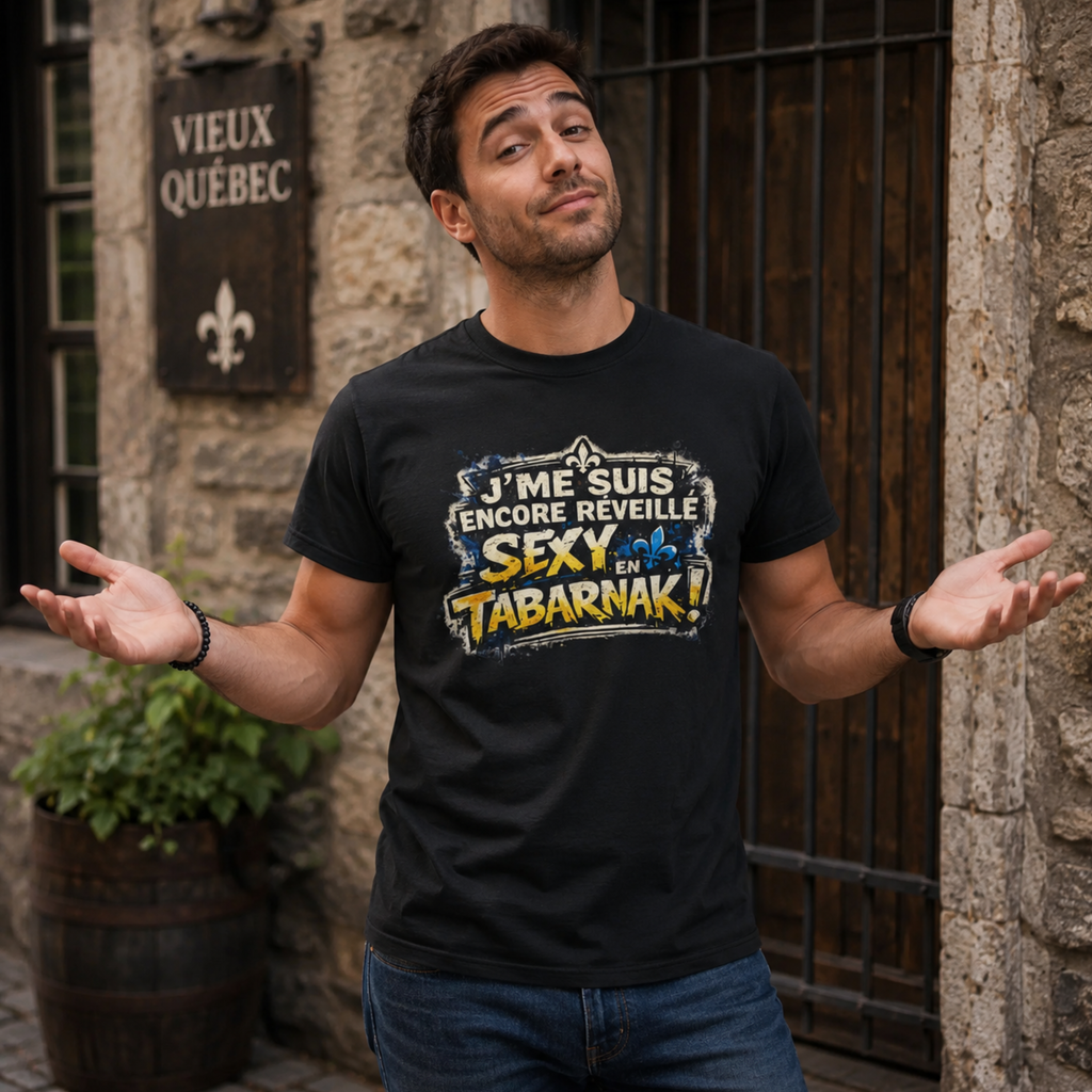 J'me suis encore réveillé sexy en tabarnak T-Shirt Quebec French Phrase Tee Quebec T-Shirt