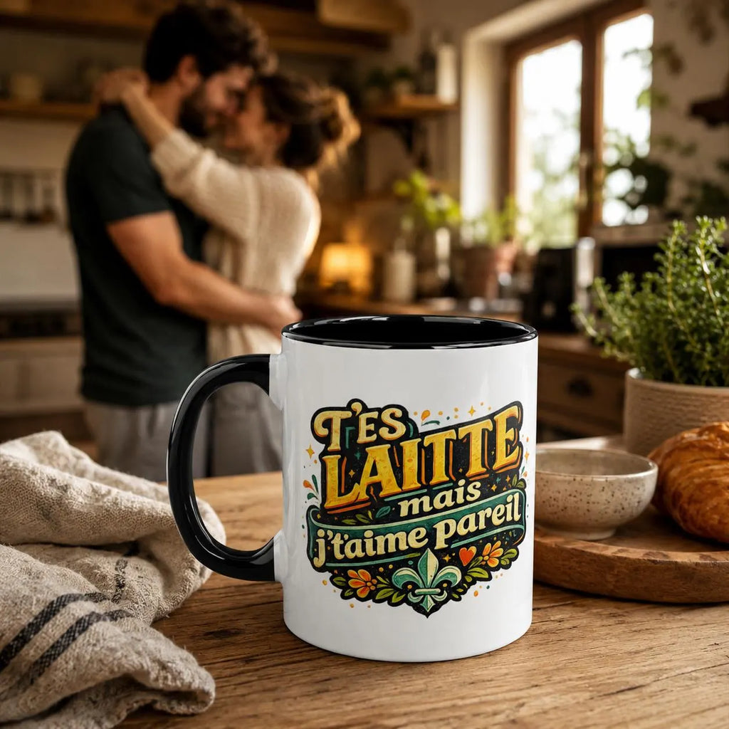 T'es Laitte mais j'taime pareil Mug 11oz Accent Ceramic Mug Tasse Drôle Quebec